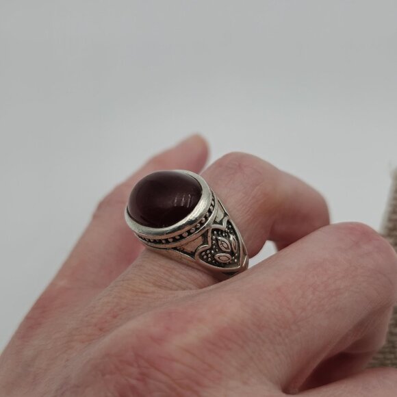 Size 7 Sterling Silver Large Carnelian Stone Floral Accent Ring A3464 - Picture 5 of 9